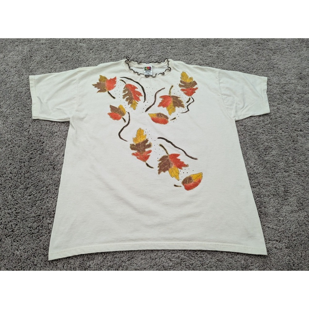 Vintage Fruit of the Loom T Shirt Women's XL Lettuce Edge Neck Fall Leaves